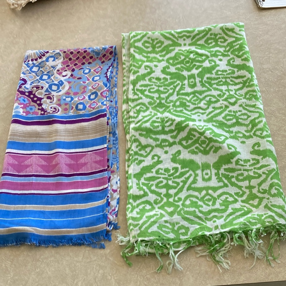 2 Long Retangular Scarves, 1 Green Pattern and 1 Mixed Color